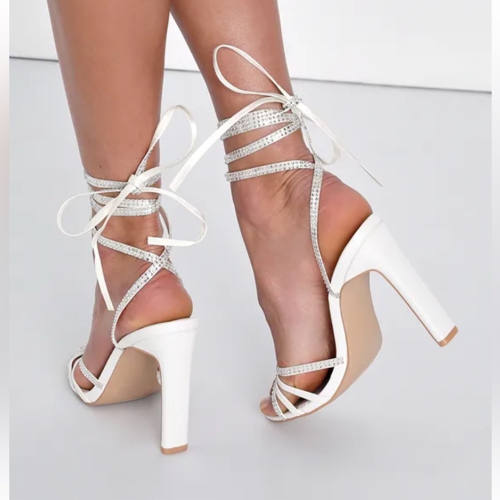 Lulus Daverine White Rhinestone Lace-Up Heels – Size 7.5 (Never Worn)